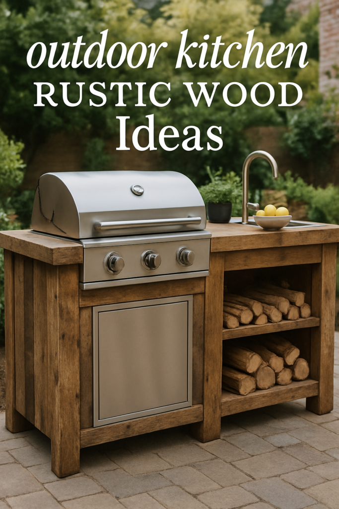 Rustic outdoor kitchen with a wood finish, featuring a stainless steel grill and shelves with stacked logs.