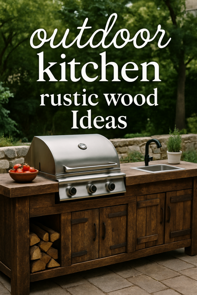 Outdoor kitchen with a wooden counter featuring a grill, sink, and bowl of tomatoes, set in a lush garden.