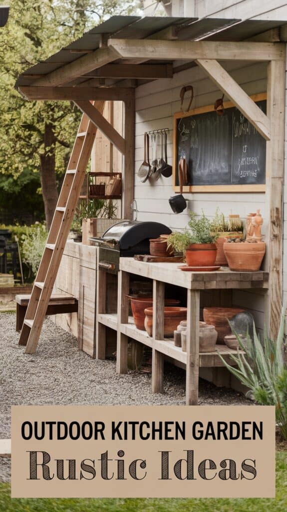 Rustic outdoor kitchen with a wooden counter, clay pots, a grill, and hanging utensils against a wooden wall with chalkboard.
