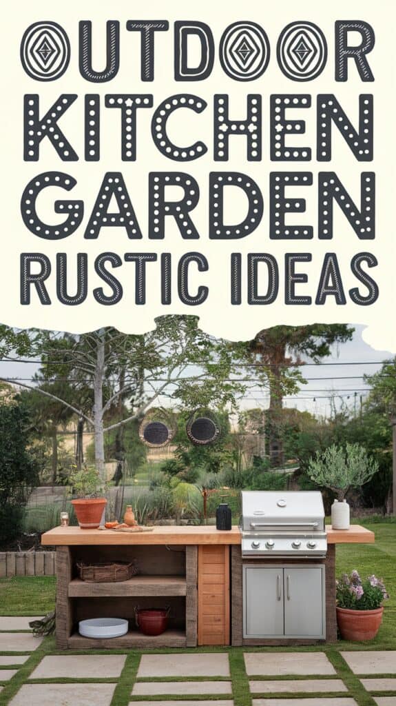 An outdoor kitchen setup with grill, plants, and potted herbs, set in a garden, with text: "Outdoor Kitchen Garden Rustic Ideas."