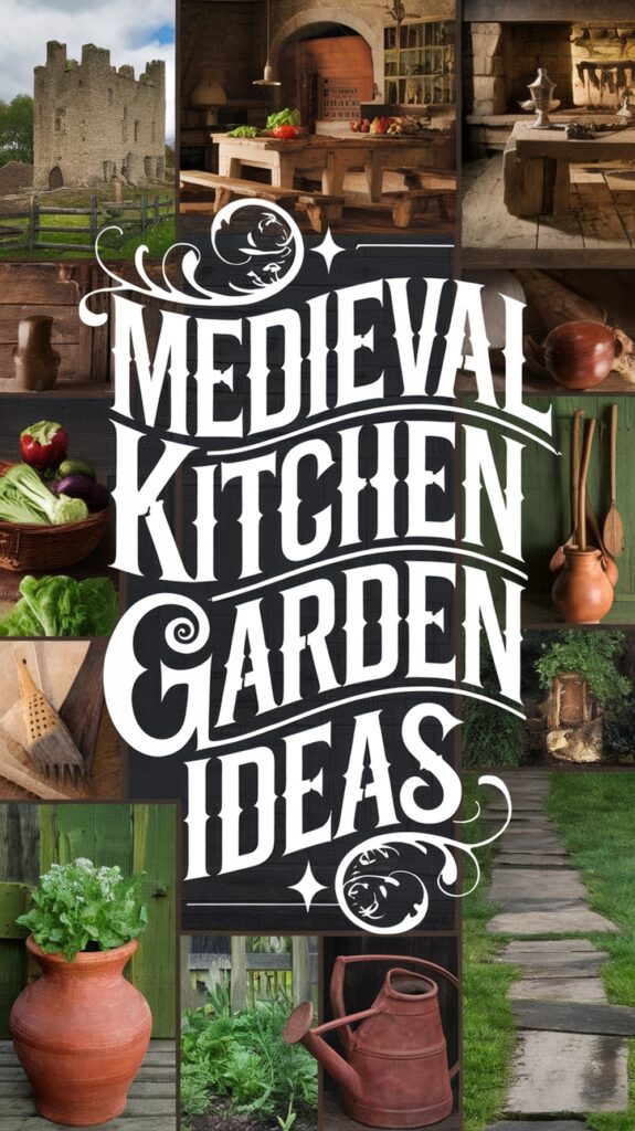Collage depicting medieval kitchen garden ideas with stone ovens, pottery, greenery, and rustic wooden elements.