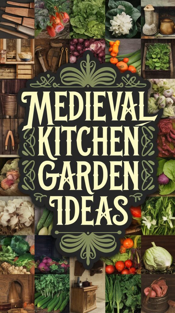 Collage of vegetables, herbs, and wooden kitchenware surrounding the text "Medieval Kitchen Garden Ideas" in ornate lettering.