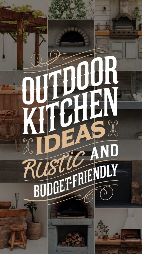 Collage of rustic outdoor kitchen designs with the text "Outdoor Kitchen Ideas: Rustic and Budget-Friendly."