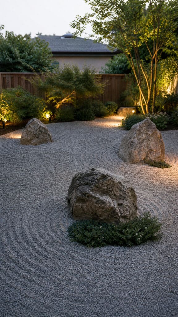 Japanese Zen Garden with Raked Gravel