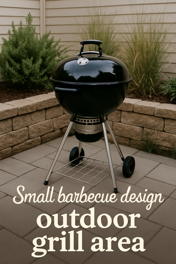 A black charcoal grill on a patio with plants and stone walls, captioned "Small barbecue design outdoor grill area."