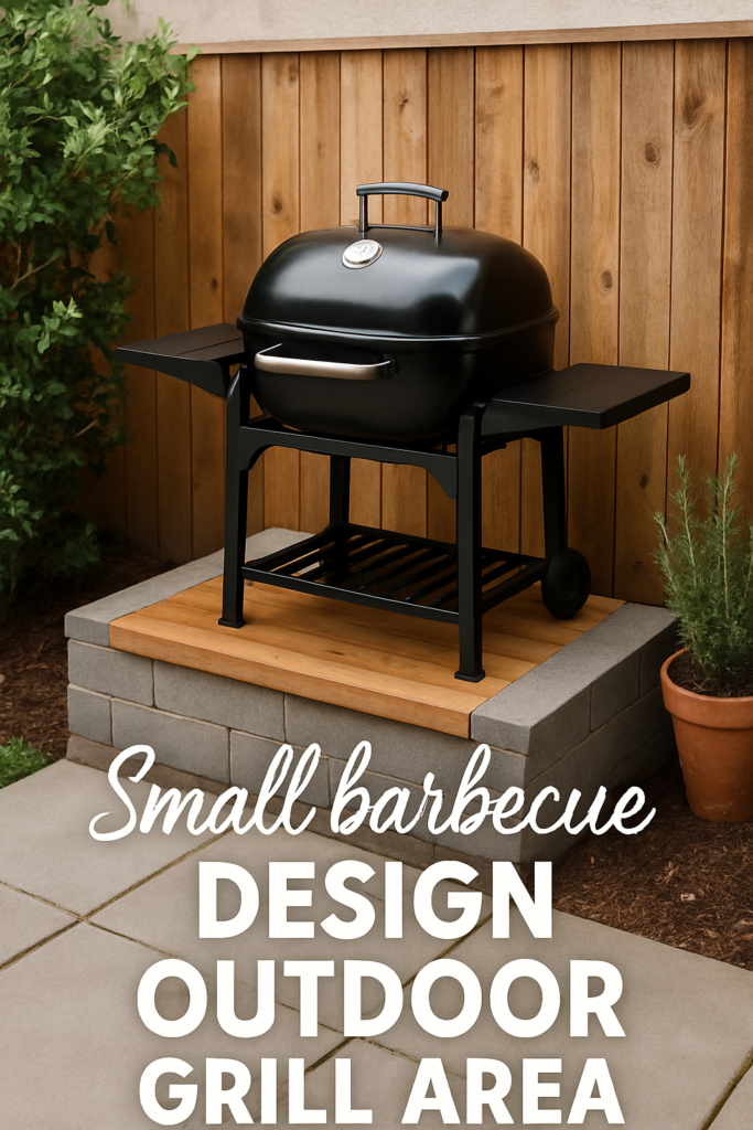 A black barbecue grill on a small patio with wooden fencing and a potted plant nearby.