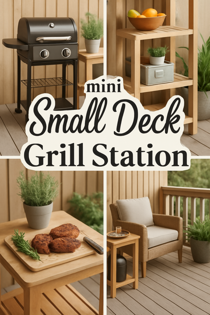 Collage of a grill station featuring a black grill, wooden shelves with plants and fruit, spiced meat, and a chair on a deck.