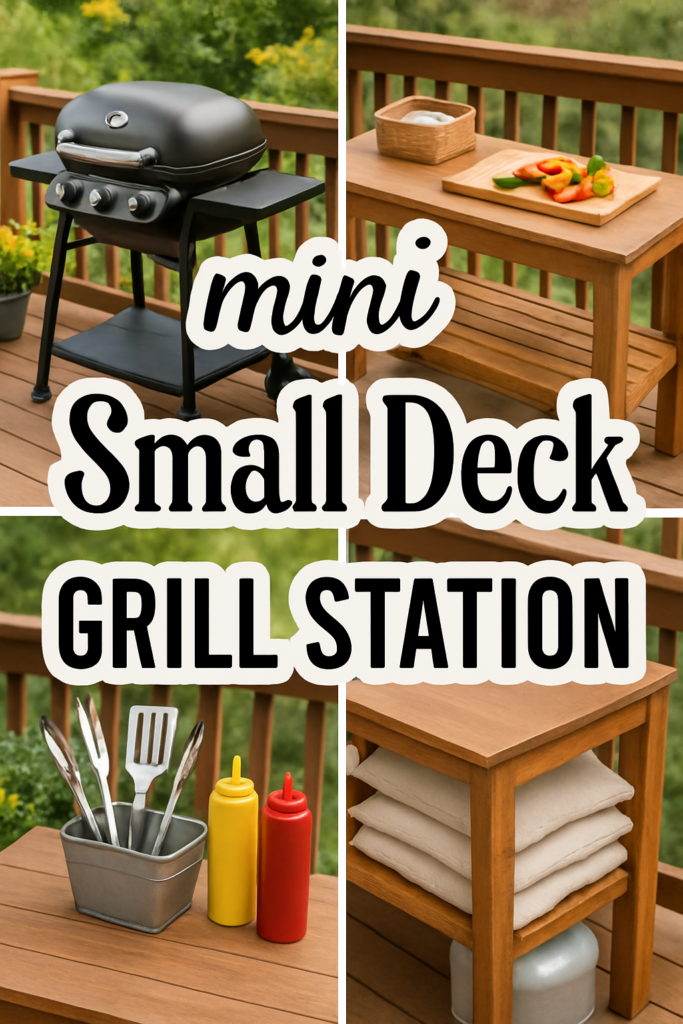 Outdoor mini grill station on a deck, featuring a black grill, wooden prep table with sliced vegetables, condiments, utensils, and towels.