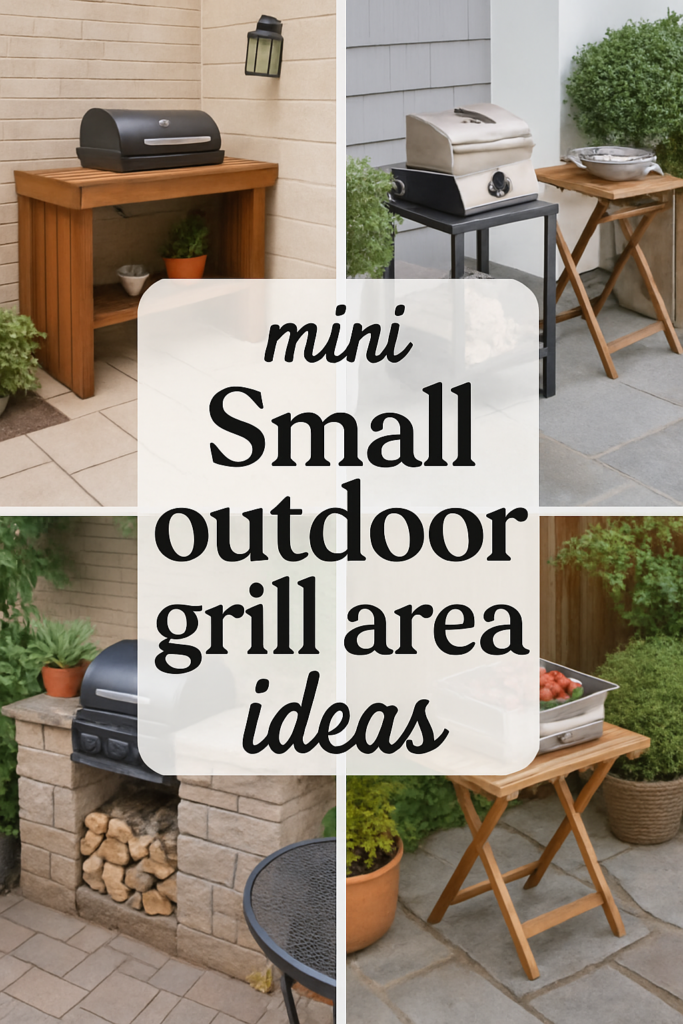 Collage of small outdoor grill setups, featuring various compact grills and accessories on patios, with text "mini Small outdoor grill area ideas" in the center.