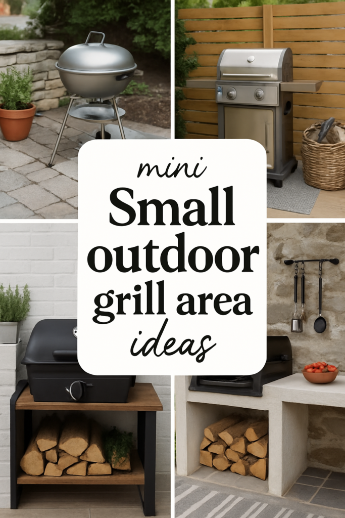Collage of small outdoor grill setups with greenery and neatly organized tools, showcasing compact design ideas.