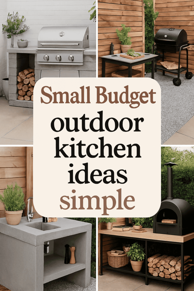 Collage of outdoor kitchen setups with grills and wood storage, featuring text: "Small Budget Outdoor Kitchen Ideas Simple."