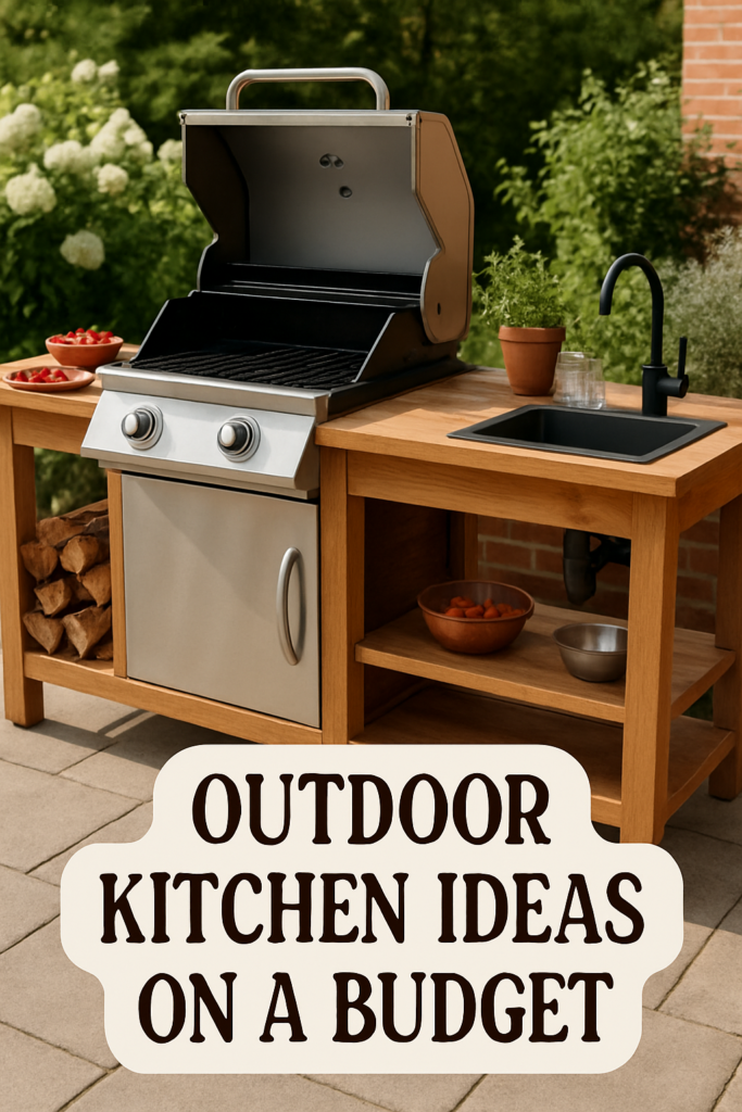 Outdoor kitchen setup with a grill, sink, and countertop, accompanied by text: "Outdoor Kitchen Ideas on a Budget."