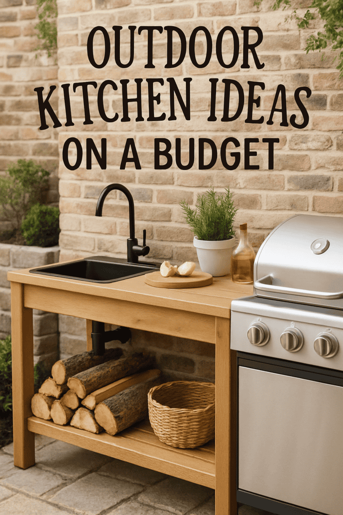 An outdoor kitchen setup with a sink, grill, wooden counter, stacked logs, and herbs, captioned "Outdoor Kitchen Ideas on a Budget."