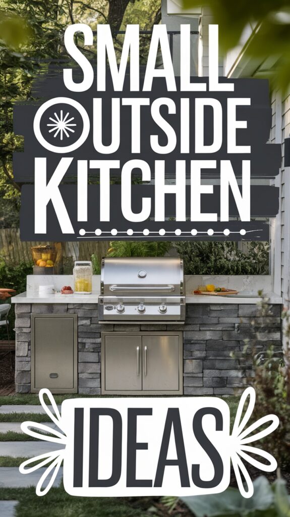 Outdoor kitchen setup with stone veneer and stainless steel grill, surrounded by greenery, styled text reads "Small Outside Kitchen Ideas."