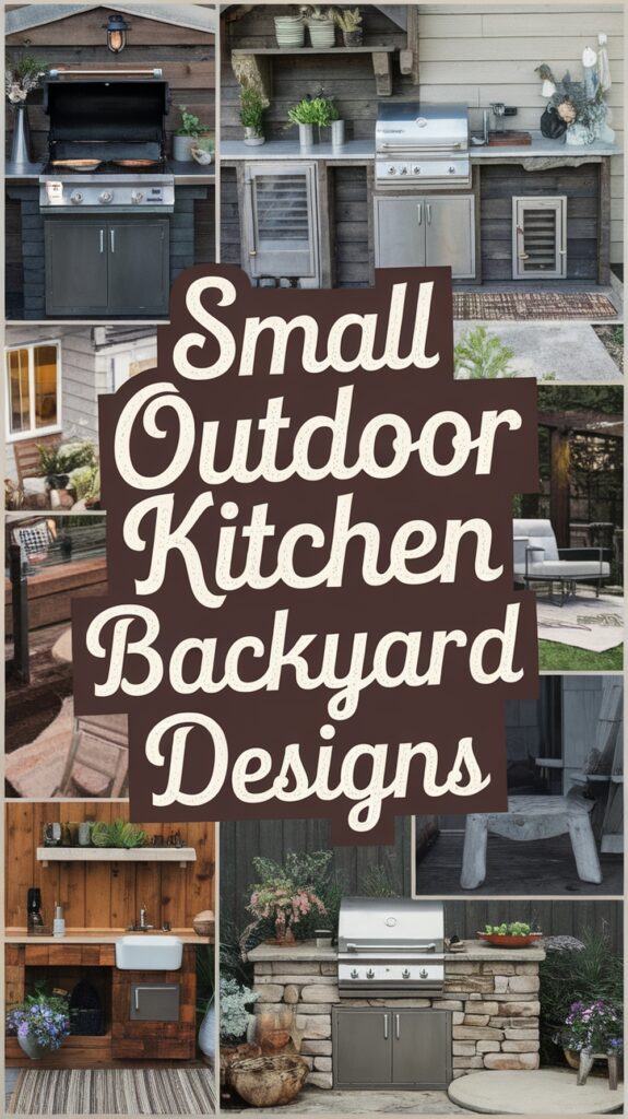 Collage of small outdoor kitchen designs featuring various grills and rustic decor.