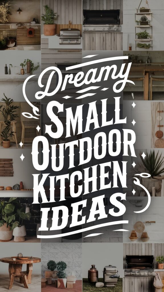 Collage of small outdoor kitchen ideas, featuring grills, plants, and rustic decor with the text "Dreamy Small Outdoor Kitchen Ideas."