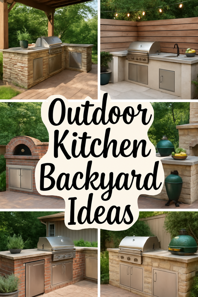 Collage of outdoor kitchen designs with sleek grills, stone counters, and lush greenery, featuring the text "Outdoor Kitchen Backyard Ideas."