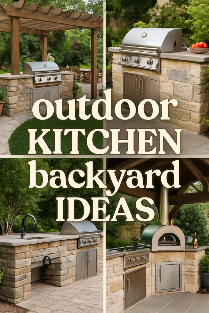 Collage of outdoor kitchen setups featuring grills, stone countertops, and a pizza oven, surrounded by lush greenery.