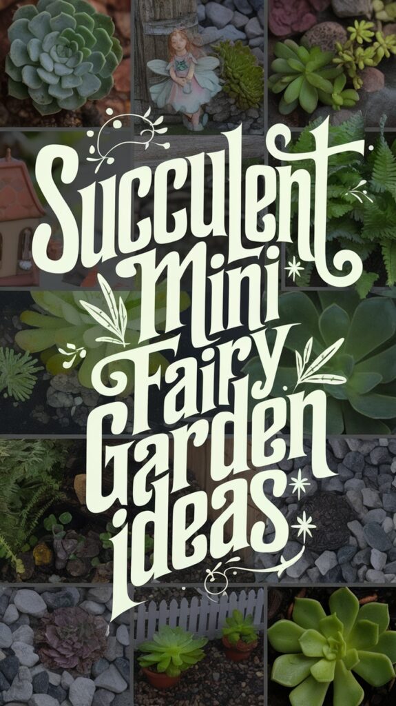 Collage of succulents and mini fairy garden scenes with the text "Succulent Mini Fairy Garden Ideas" in decorative lettering.