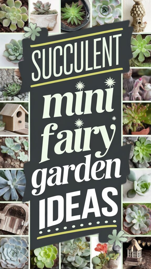 Collage of succulents and decorative items with the text "Succulent Mini Fairy Garden Ideas" in the center.