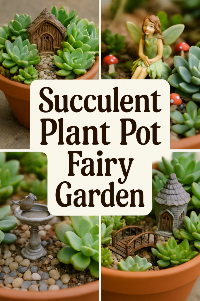 Collage of a succulent fairy garden with miniatures: a fairy, a birdbath, a house, and a bridge among green plants.