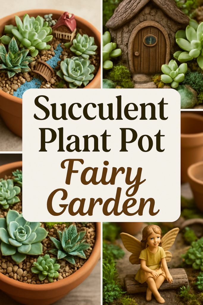Collage of succulent plant pots arranged to create a fairy garden with mini houses and a small fairy figure.