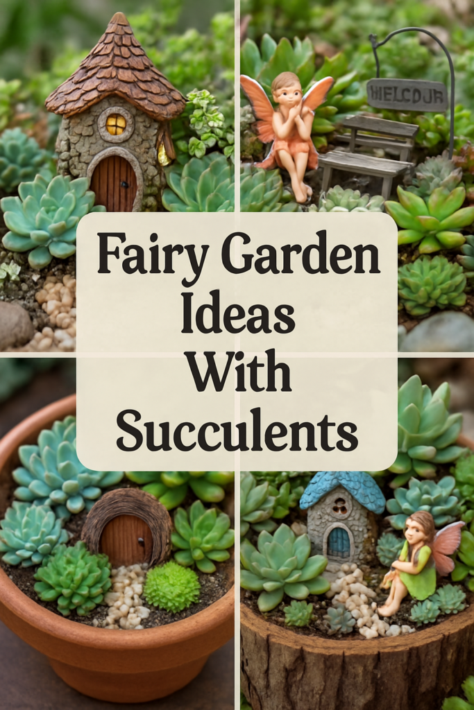 Collage of fairy garden ideas featuring miniature houses, figures, and succulents with the text "Fairy Garden Ideas With Succulents."