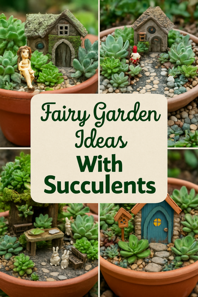 Miniature fairy gardens in pots with succulents and small houses, surrounded by stones and decorative figures.