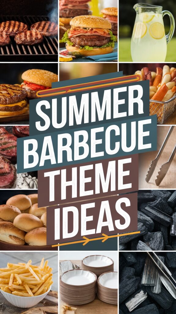A collage of barbecue items including burgers, hot dogs, buns, fries, charcoal, and lemonade, with "Summer Barbecue Theme Ideas" in bold text.