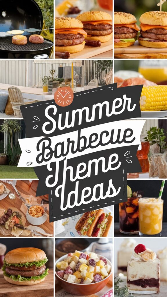 Collage of summer barbecue food and drinks, featuring burgers, corn, salad, and a sign reading "Summer Barbecue Theme Ideas."