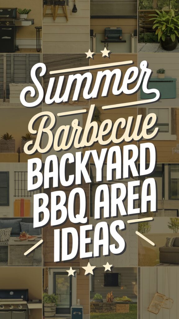 The text "Summer Barbecue Backyard BBQ Area Ideas" over a collage of outdoor grilling and seating setups.