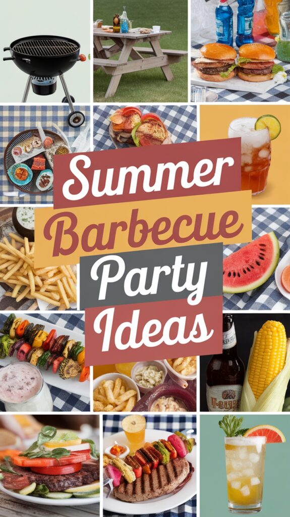 Collage of summer barbecue food and drinks, featuring burgers, corn, drinks, and grilled kebabs on a picnic tablecloth.