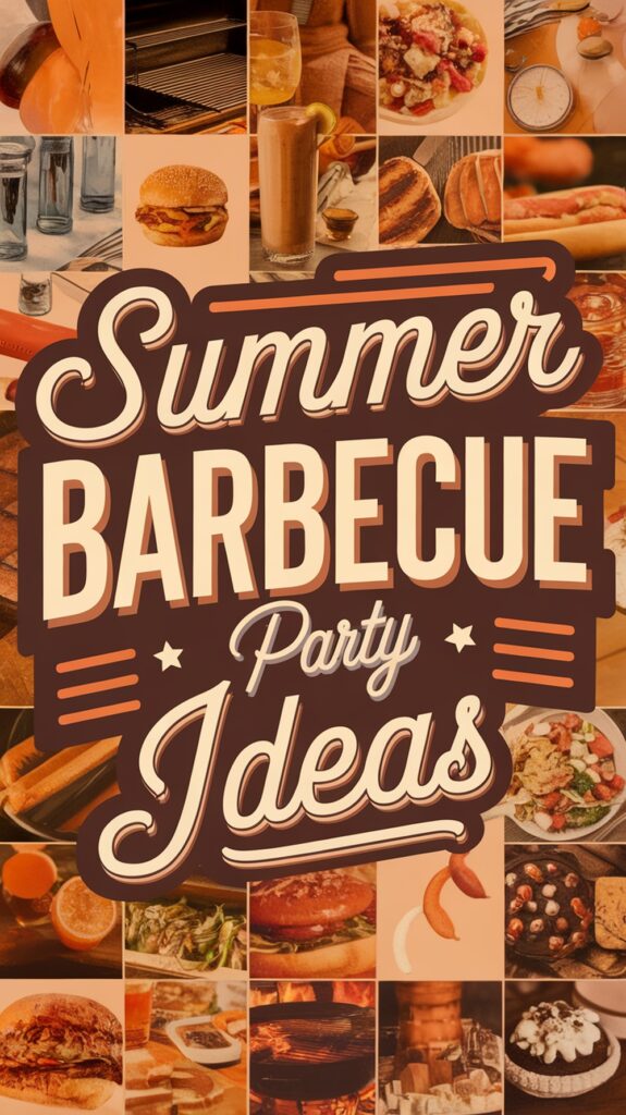 Collage of summer barbecue items like burgers, drinks, and grilled foods with the text "Summer Barbecue Party Ideas."