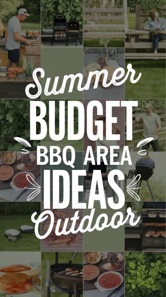 Collage of summer BBQ scenes with the text "Summer Budget BBQ Area Ideas Outdoor" overlayed centrally.