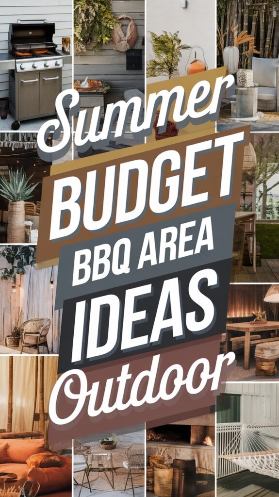 Collage of outdoor BBQ area designs with the text "Summer Budget BBQ Area Ideas Outdoor" overlaid.