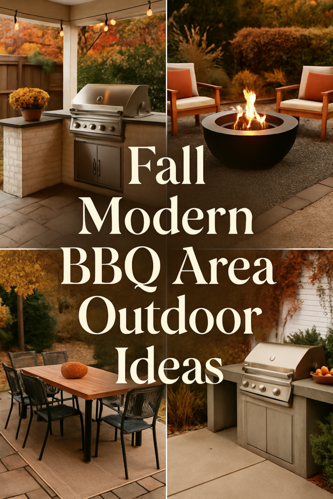 Outdoor BBQ area with a grill, fire pit, dining table, and autumn-themed decor with text: "Fall Modern BBQ Area Outdoor Ideas."