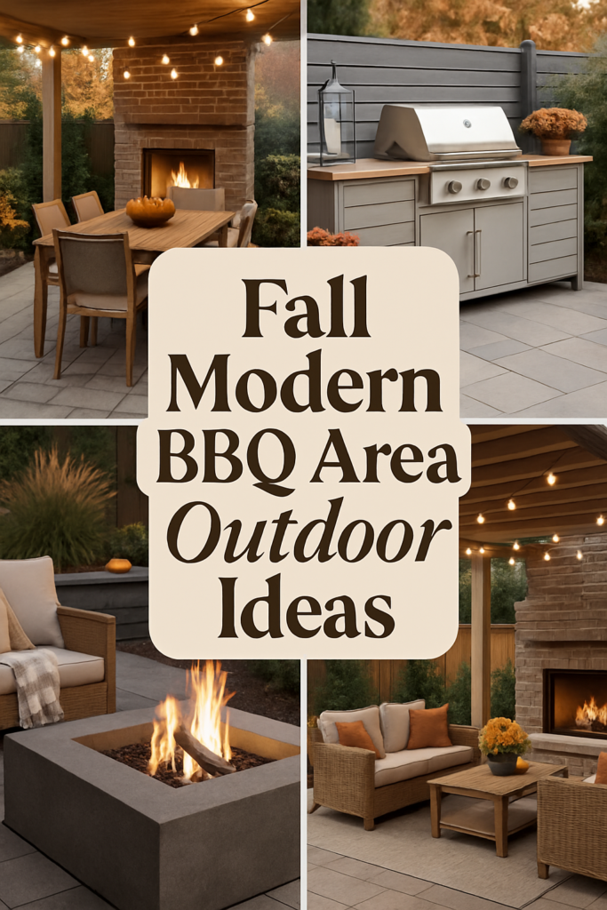 Collage of a modern outdoor BBQ area featuring a dining table, grill, fire pit, and seating with warm string lights.