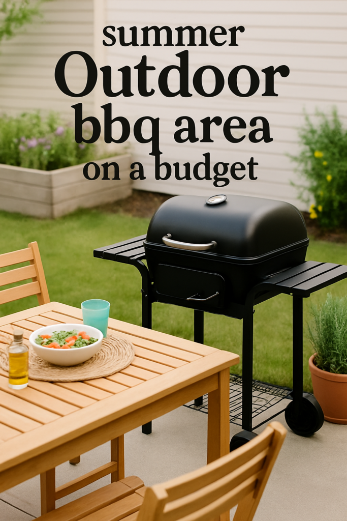 A black barbecue grill on a patio next to a wooden table set with salad bowls and drinks; text reads "summer outdoor bbq area on a budget."