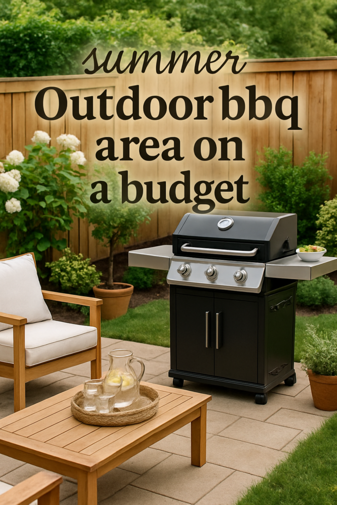 An outdoor patio with a black barbecue grill, wooden seating, and potted plants, featuring summer decor.
