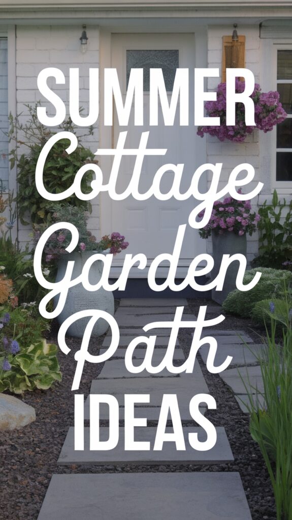 Pathway leading to a cottage door, surrounded by pink flowers and green plants, with overlaid text "Summer Cottage Garden Path Ideas".