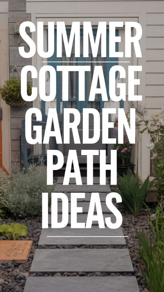 Text "Summer Cottage Garden Path Ideas" over a stone pathway leading to a blue door, surrounded by plants.