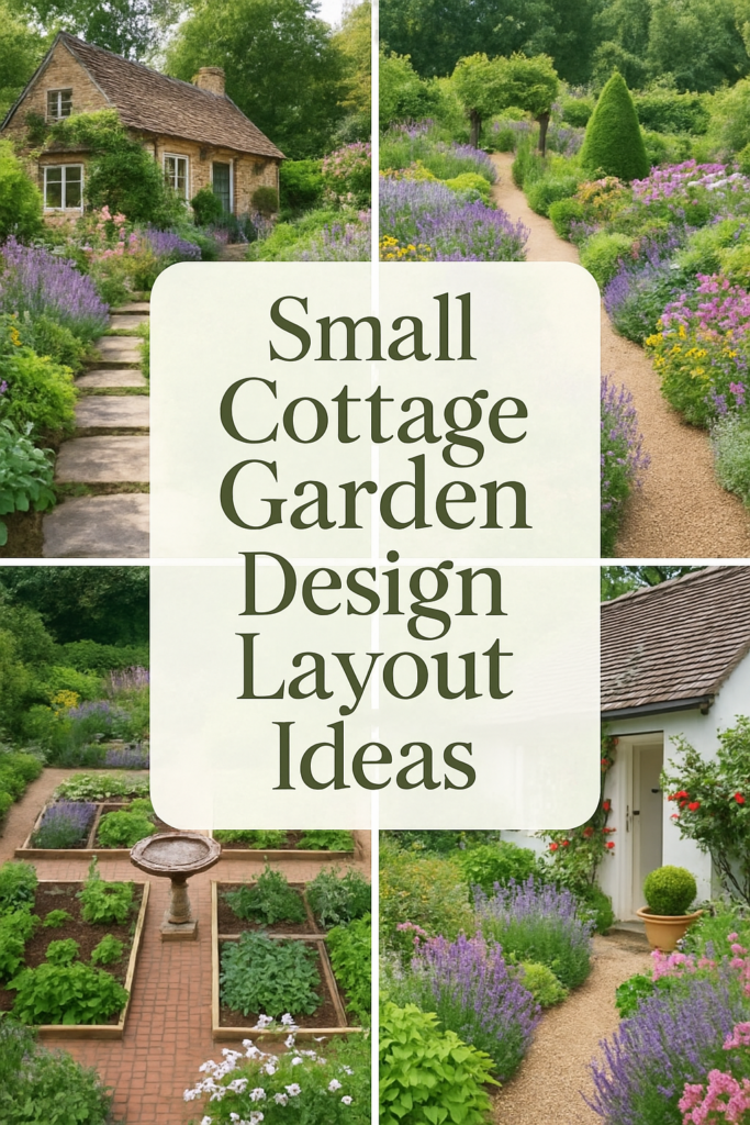 Collage of a cottage garden with stone paths, flower beds, and a brick-paved area, overlaid with the text "Small Cottage Garden Design Layout Ideas."