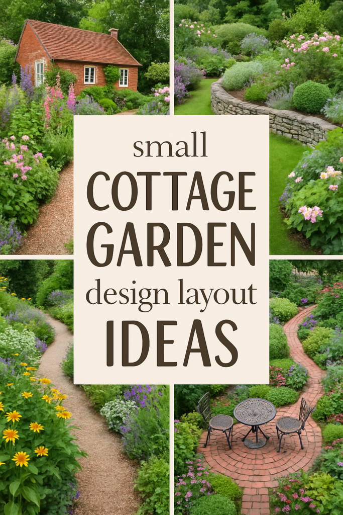 Collage of cottage garden layouts with stone paths, lush greenery, and colorful flowers surrounding a small brick house.