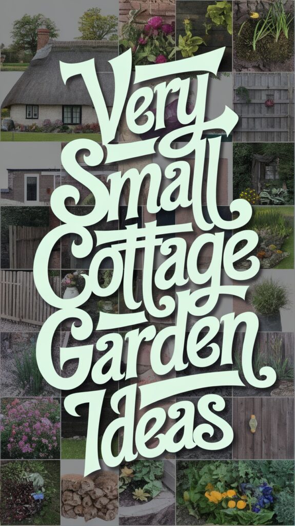 Collage of small cottage garden ideas with stylized text reading "Very Small Cottage Garden Ideas" overlaid.