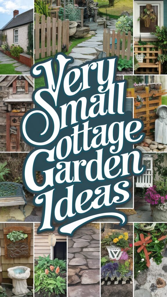 A collage of various cottage garden elements, featuring paths, plants, and garden decorations, with the text "Very Small Cottage Garden Ideas" in the center.