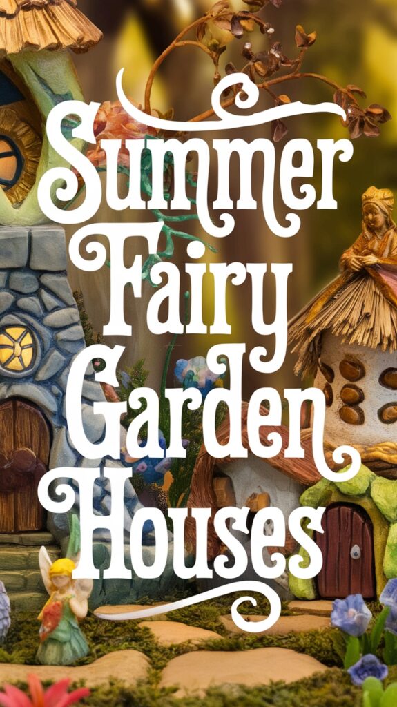 Whimsical fairy garden with miniature houses and text reading "Summer Fairy Garden Houses."