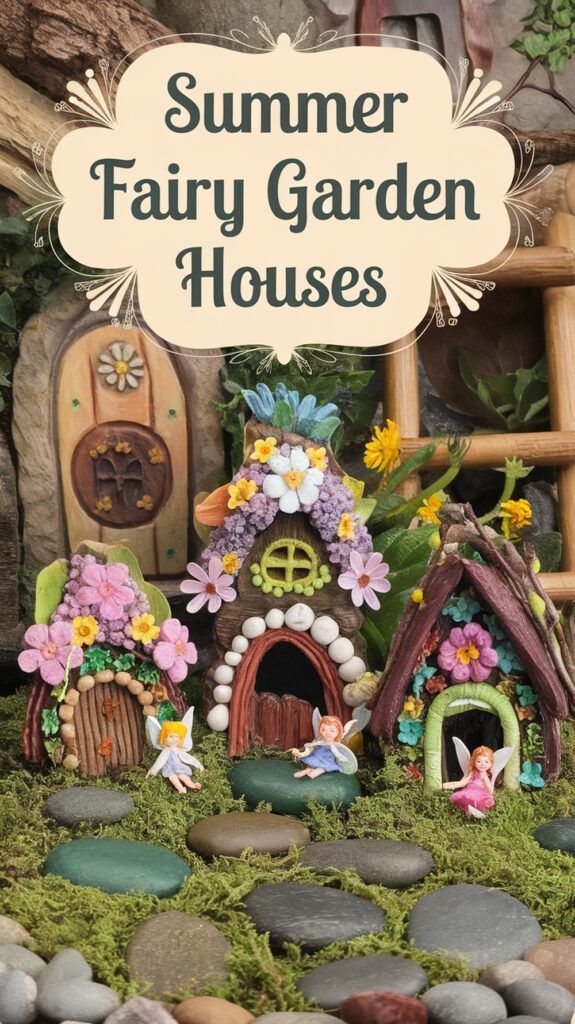 Colorful miniature fairy houses decorated with flowers and figures, surrounded by stones and plants, with a sign reading "Summer Fairy Garden Houses."