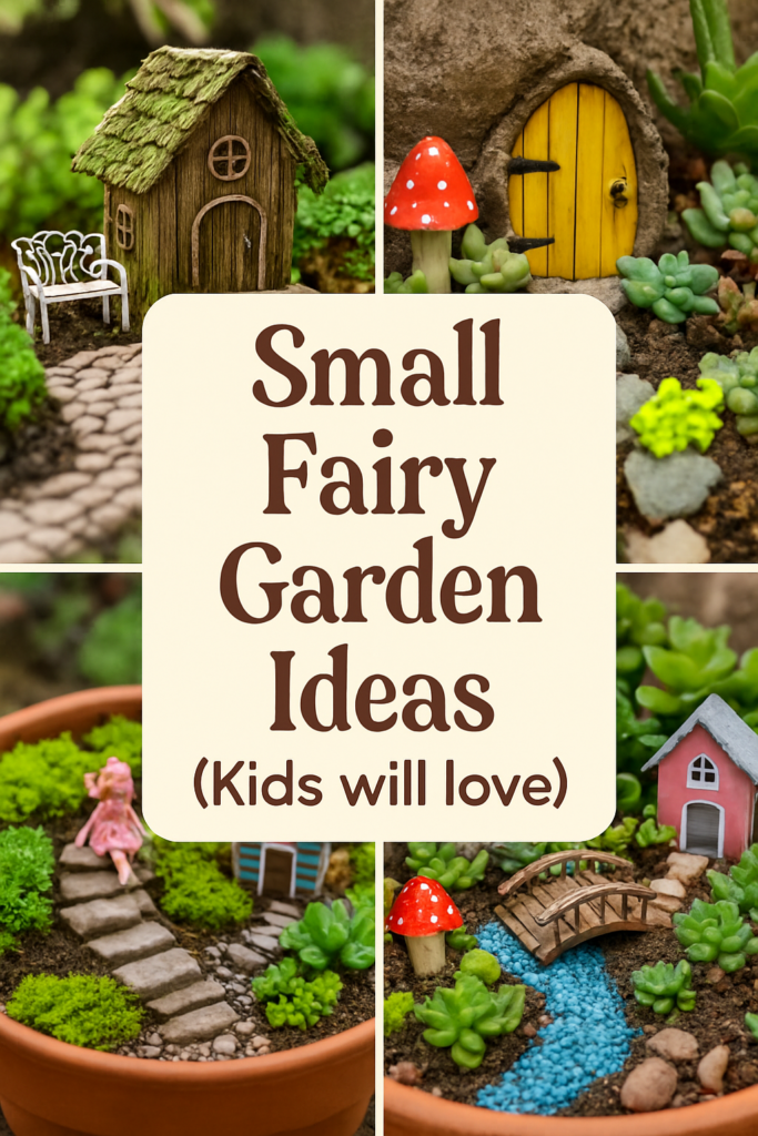 Collage of miniature fairy gardens with tiny houses, pathways, and plants, featuring text: "Small Fairy Garden Ideas (Kids will love)."