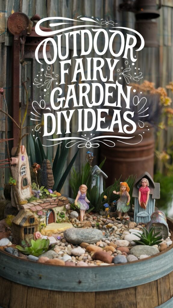 A whimsical fairy garden with miniature houses and figures, set in a rustic pot with text overlay reading "Outdoor Fairy Garden DIY Ideas."