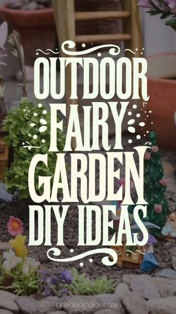 Text reading "Outdoor Fairy Garden DIY Ideas" over a background of a miniature garden scene.